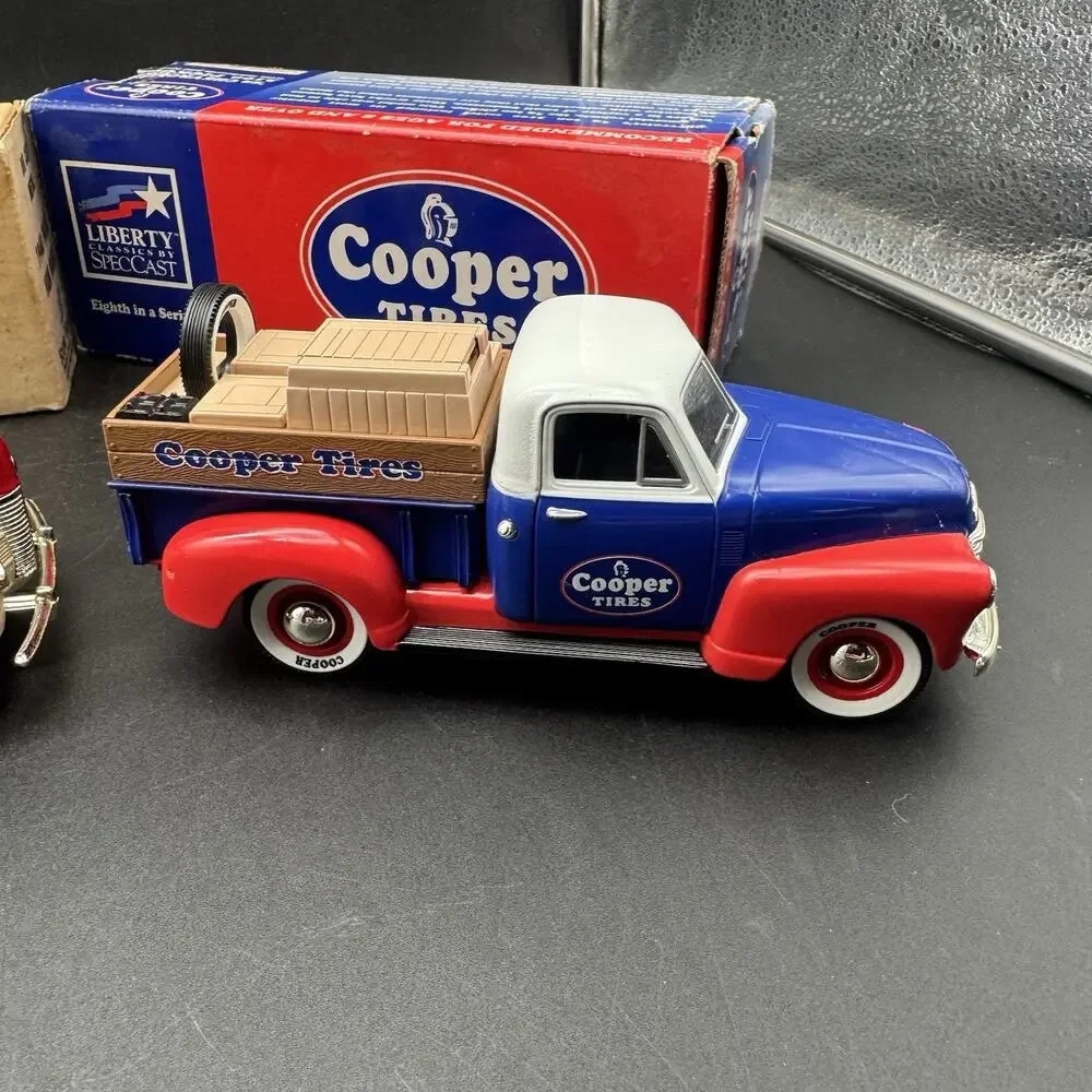 Lot Of 3 Vintage Die Cast Car Piggy Bank ERTL Indian Motorcycle Cooper Tires